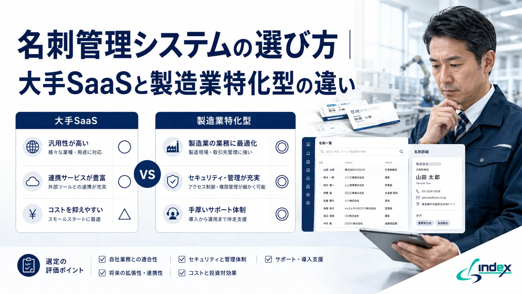 名刺管理システムの選び方｜大手SaaSと製造業特化型の違い・比較の3つの軸